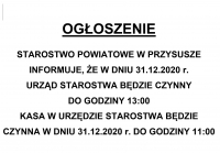 Skr&oacute;cony czas pracy urzędu - 31.12.2020r.